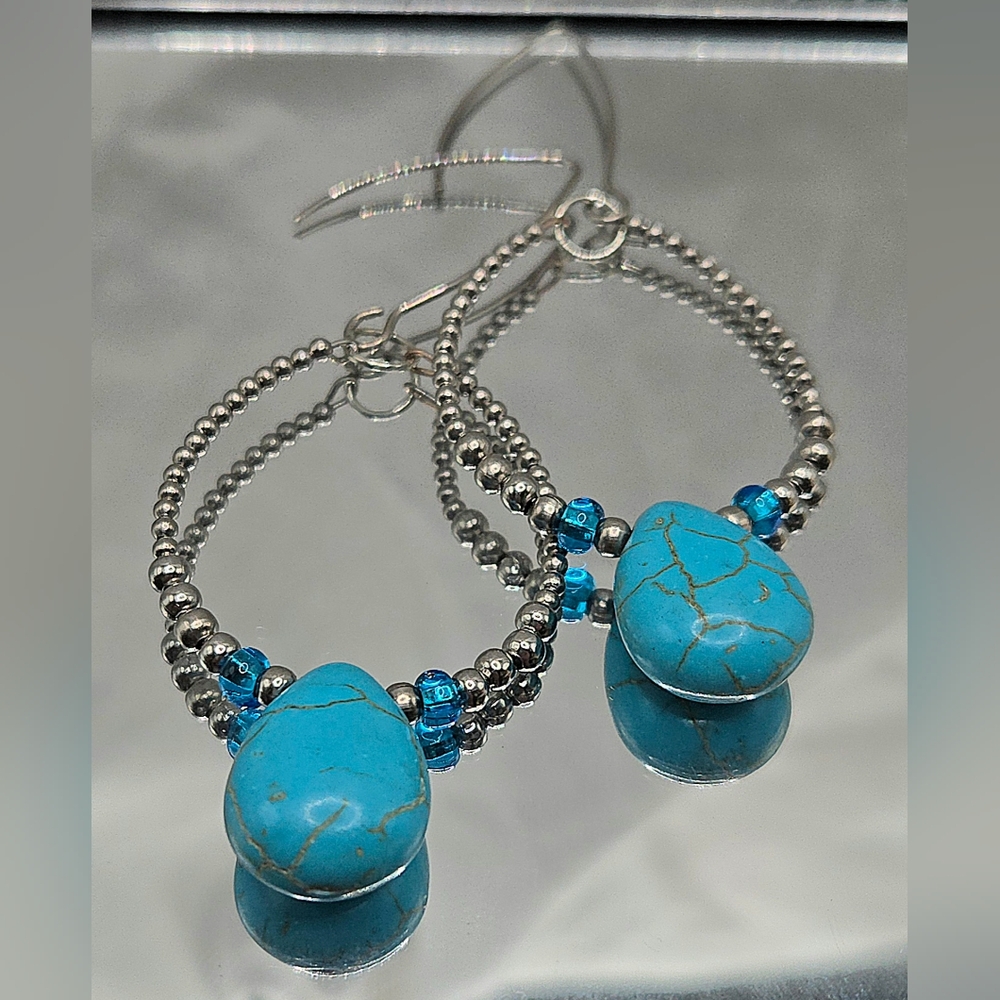 Handmade Stainless Steel Turquoise Beaded Earrings